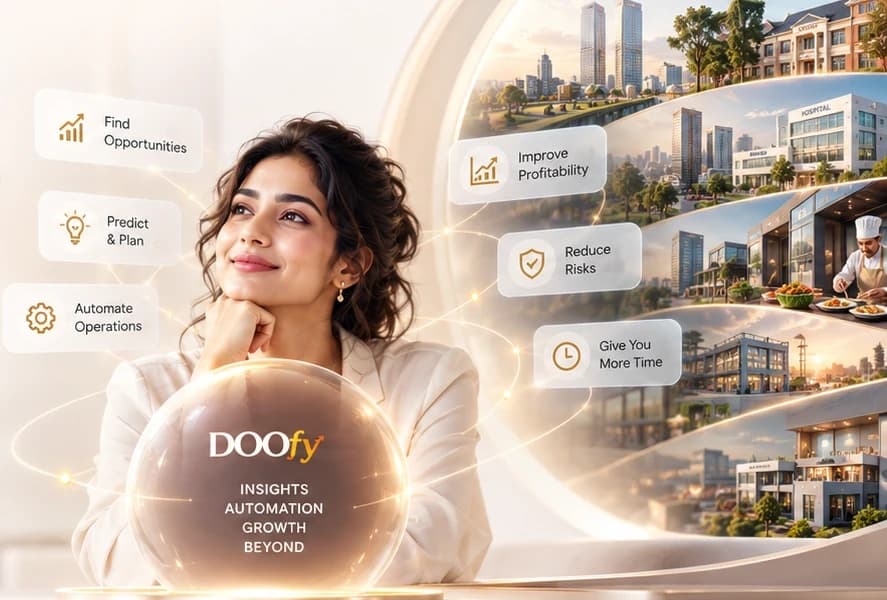 A business owner looking ahead beside a DOOfy crystal sphere — insights, automation, growth and beyond — with the businesses DOOfy serves: offices, hospitals, restaurants, retail and campuses.
